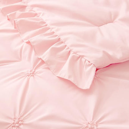 BEDELITE Baby Pink King Size Comforter Set - 3 Pieces Boho Ruffle Pintuck Bedding Comforter Sets, Lightweight Soft & Warm King Bedding Set with 2 Pillowcases for All Season