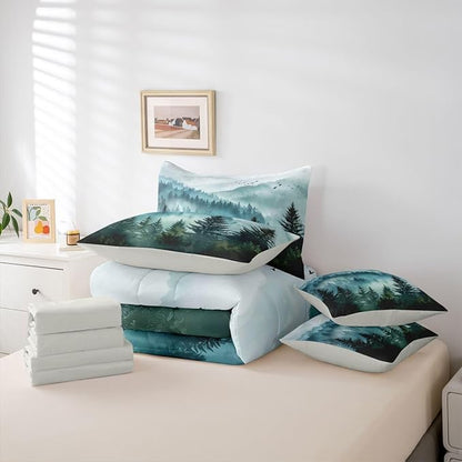 Erosebridal Foggy Mountain Queen Bed in A Bag 7 Piece Green Forest Pine Tree Comforter Set with Sheets Nature Misty Woodland Bedding Sets for Kids Adults,Flying Bird Bed Set