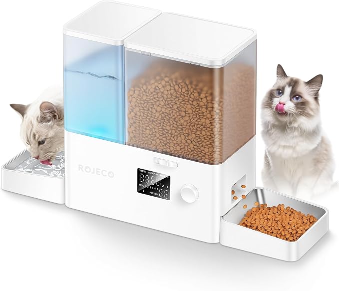 Automatic Cat Feeder and Water Dispenser,2-in-1 Large Capacity 5L cat Food Bowl and 3.5L Gravity Water Dispenser,Timed Cat Feeder for Cats Small Dogs Puppies Kittens Pets