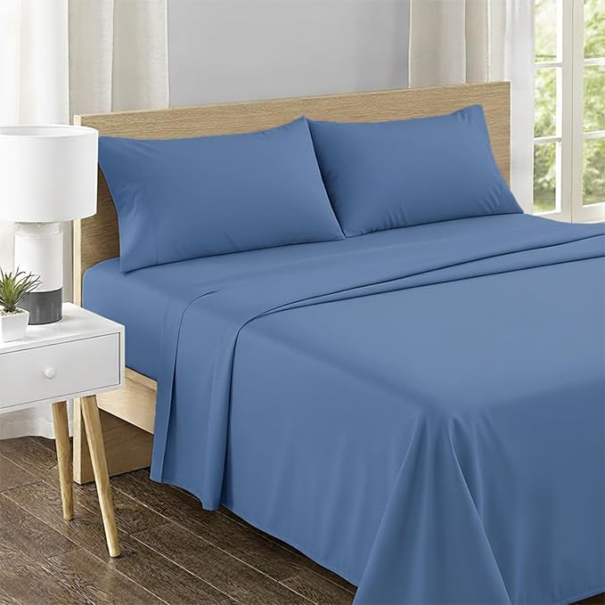 Feather & Stitch 500 TC Split King Size 5pc Damask Bed Sheet Set,100% Soft Cotton Breathable Bedsheets, 18" Deep Pockets Sateen Weave Striped Bedding Mattress - (Mist Blue)