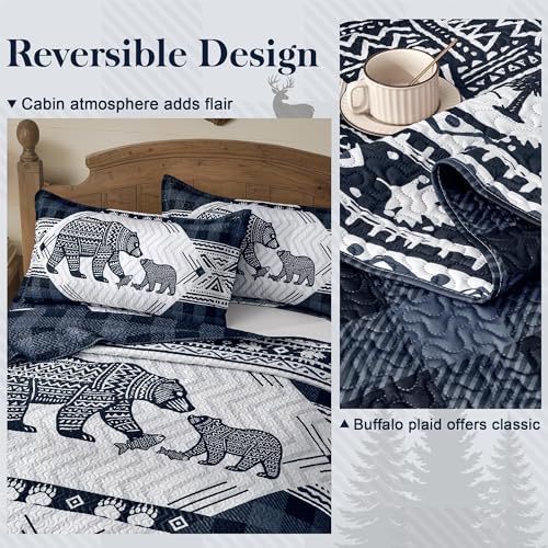 3 Piece Cabin King Size Quilt Sets Farmhouse Rustic Reversible Microfiber Soft Lightweight Bedspread Comforter with 2 Shams Patchwork Country Lodge Bedding Quilts Set for All Season, 106''x96'', Blue