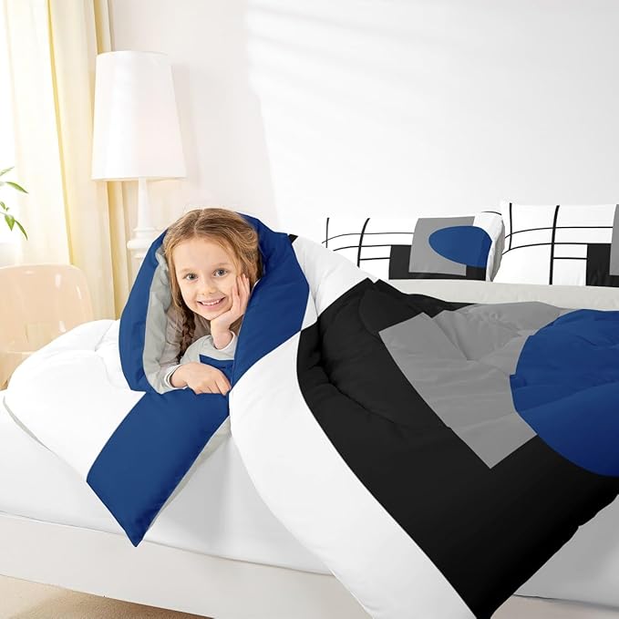 Erosebridal White Black Blue Striped Queen Comforter Set for Adult Women Men Boho Modern Geometric Abstract Bedding Set Stripes Lines Bed Set Minimalist Square and Circle Quilt Set