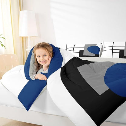 Erosebridal White Black Blue Striped Toddler Comforter Boho Modern Geometric Abstract Bedding Set Stripes Lines Duvet Insert Minimalist Square and Circle Bed Sets