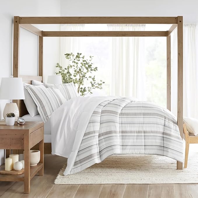 LINENS & HUTCH Comforter Set Patterned Microfiber All Season Down-Alternative Ultra Soft Bedding in Vertical Stripe - King/Cal-King Vertical Stripe Dune
