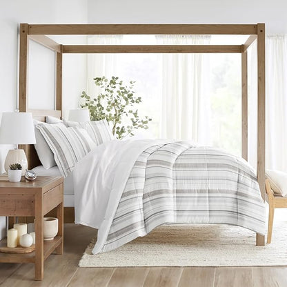 LINENS & HUTCH Comforter Set Patterned Microfiber All Season Down-Alternative Ultra Soft Bedding in Vertical Stripe - King/Cal-King Vertical Stripe Dune