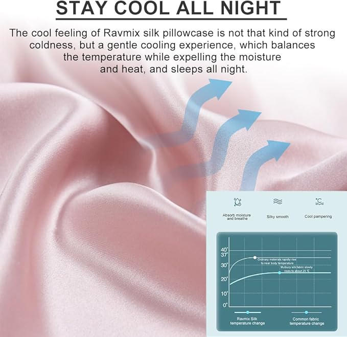 Silk Pillowcase 2 Pack for Hair and Skin with Hidden Zipper, Ravmix Both Sides 21Momme Mulberry Silk Pillowcases Set of 2, Standard Size 20×26inches, Soft Pink