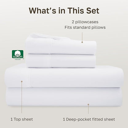 California Design Den Full Size Bed Sheets Set - Soft 400 Thread Count Sateen, Natural 100% Cotton Sheets Full Size Bed Set, Deep Pockets for a Snug Fit, Durable Bedding - White