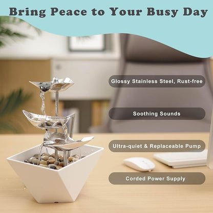 Trilogy Tabletop Fountain with 3-Tier Stainless Steel Waterfall | Handcrafted Design, Adjustable Water Flow & Smart Pump for Modern Home Decor