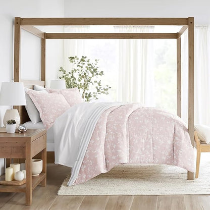 LINENS & HUTCH Comforter Set Patterned Microfiber All Season Down-Alternative Ultra Soft Bedding in Pressed Flowers - Full/Queen Pressed Flowers Pink