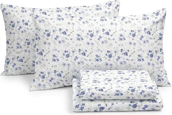 Linen Market 4 Piece Queen Sheet Set - Breathable, Double-Brushed Patterned Cooling Sheets – Ultra Soft & Wrinkle-Free 16" Deep-Pocket Queen Sheets - Easy Care Blossoms Light Blue