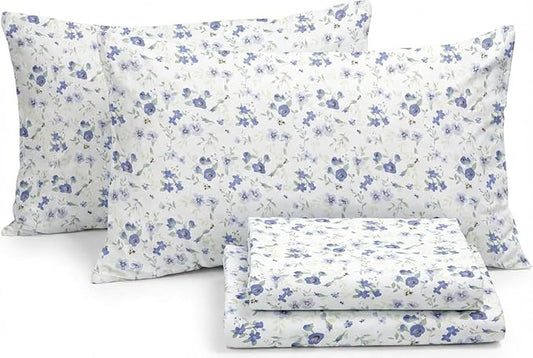 Linen Market 4 Piece Queen Sheet Set - Breathable, Double-Brushed Patterned Cooling Sheets – Ultra Soft & Wrinkle-Free 16" Deep-Pocket Queen Sheets - Easy Care Blossoms Light Blue