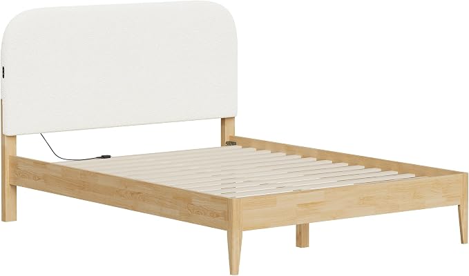 KISLOT Wood Bed Frame with USB & Type-C, Boucle Headboard, Cream, Queen | Platform Bed, Mattress Foundation, No Box Spring Needed, Easy Assembly