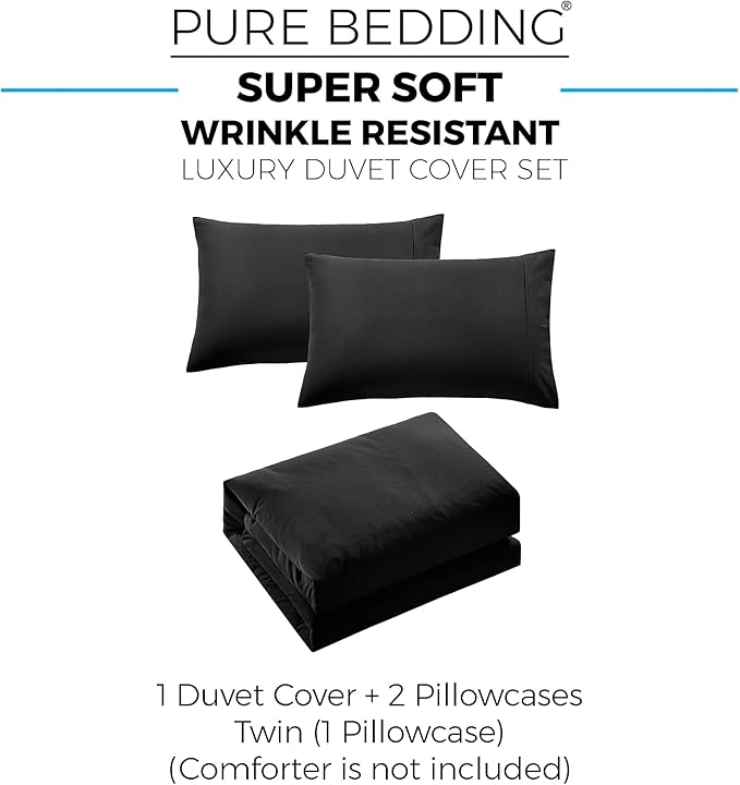 Pure Bedding Duvet Cover Twin [2-Piece, Black] - 1 Comforter Protector with Zipper Flap and 1 Pillowcase - Hotel Luxury 1800 Brushed Microfiber - Ultra Soft, Cool and Breathable Comforter Cover