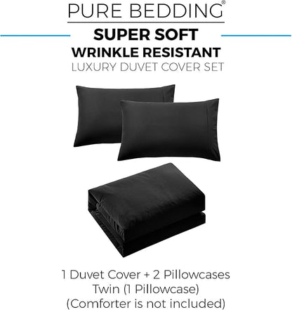 Pure Bedding Duvet Cover Twin [2-Piece, Black] - 1 Comforter Protector with Zipper Flap and 1 Pillowcase - Hotel Luxury 1800 Brushed Microfiber - Ultra Soft, Cool and Breathable Comforter Cover