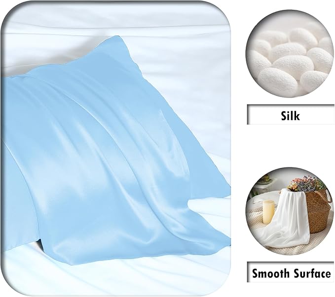 Mulberry Silk Pillowcase for Hair and Skin Pillow Case with Hidden Zipper Soft Breathable Smooth Cooling Silk Pillow Covers for Sleeping (Sky Blue, King,1Pcs)