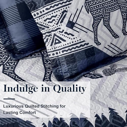 3 Piece Cabin King Size Quilt Sets Farmhouse Rustic Reversible Microfiber Soft Lightweight Bedspread Comforter with 2 Shams Patchwork Country Lodge Bedding Quilts Set for All Season, 106''x96'', Blue