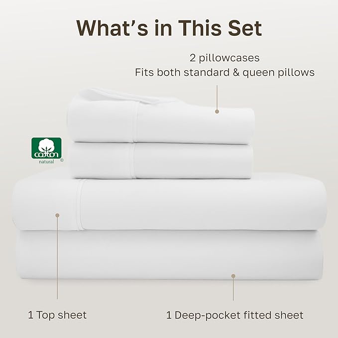 California Design Den Queen Sheet Set - Soft 400 Thread Count Sateen, Natural 100% Cotton Sheets, Deep Pockets with All Around Elastic for a Snug Fit, Durable Bedding Set - Antique White