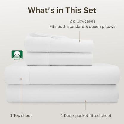 California Design Den Queen Sheet Set - Soft 400 Thread Count Sateen, Natural 100% Cotton Sheets, Deep Pockets with All Around Elastic for a Snug Fit, Durable Bedding Set - Antique White