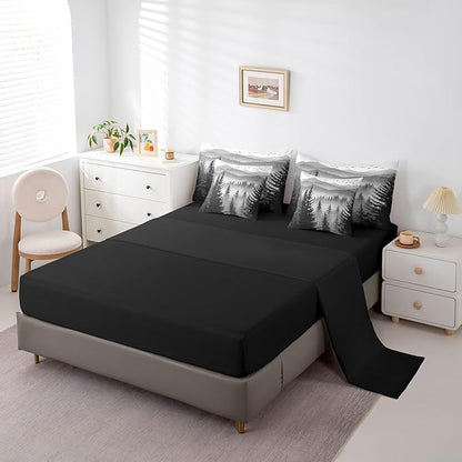 Erosebridal 7 Piece Black Grey King Comforter Set with Sheets Smoky Mountain Forest Bed in A Bag Rustic Woodland Pine Trees Bedding Sets for Kids Boys Adults Men,Nature Landscape Bed Set