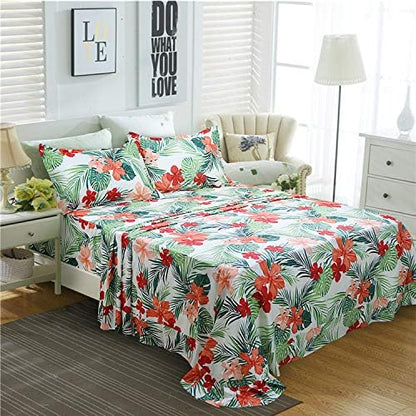 FADFAY Hawaiian Bedding Sheet Set Tropical Red Hibiscus Palm Leaves 100% Cotton Hypoallergenic Deep Pocket Fitted Sheet 4-Pieces Twin XL Size for Dorm Room Bedding