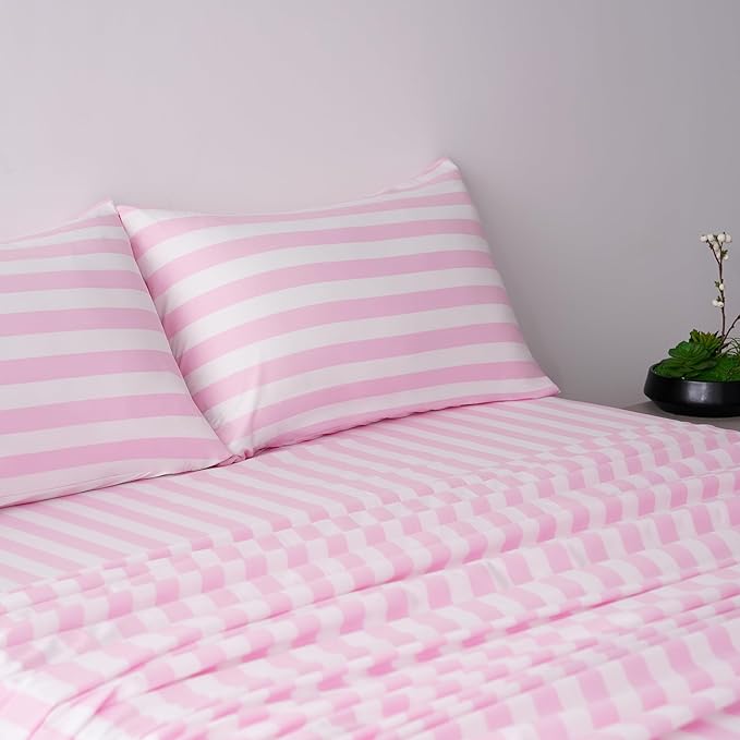 Best Season Bed Sheet Set 3 Piece -Twin Size-Soft Durable Microfiber Bedding Sheet Set,Deep Pocket,Stain,Fade & Wrinkle Resistant Green and White Pinstripe (Stripe Pink&White)