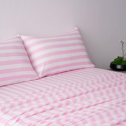 Queen Size Sheet Set 4 Piece -Pinstripe Microfiber Soft Durable Bedding Sheet Set,Deep Pocket,Stain,Fade & Wrinkle Resistant (Stripe Pink&White)