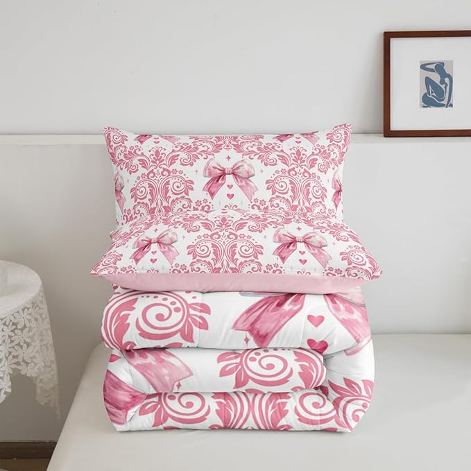 Feelyou Girls Pink Bowknot Comforter Set King Size Goth Damask Comforter Victorian-Themed Bedding Set Baroque Duvet Set Vintage Floral Quilt Set 3Pcs