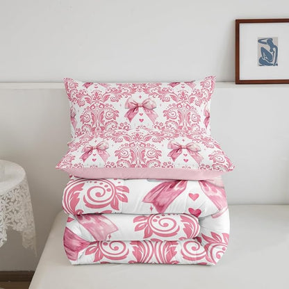 Feelyou Girls Pink Bowknot Comforter Set King Size Goth Damask Comforter Victorian-Themed Bedding Set Baroque Duvet Set Vintage Floral Quilt Set 3Pcs