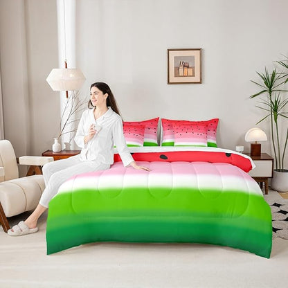 Watermelon 7 Pcs Bedding Sets Watercolor Red Green Fruit Summer Theme Comforter Set for Kids Teens Adults Bed in a Bag(Comforter Flat Sheet Fitted Sheet 2 Pillowcases 2 Throw Pillow Covers) King
