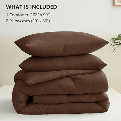 CozyLux King Size Comforter Set Brown, 3 Pieces Solid Comforters King Size Breathable Quilted Bedding Sets, Luxury Soft Lightweight Bed Set with Down Alternative Comforter and 2 Pillowcases All Season