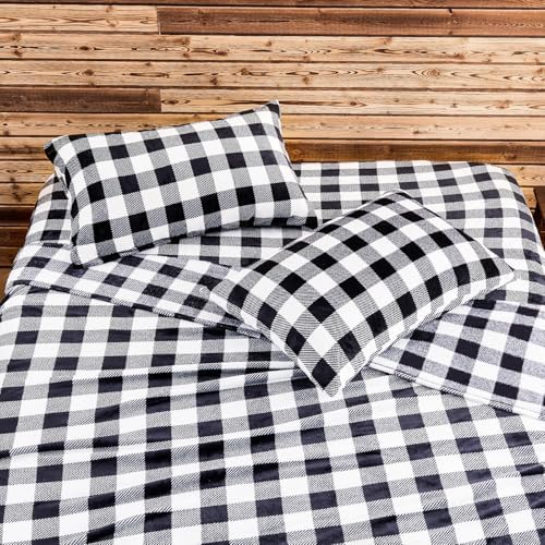BEDELITE Plaid Flannel Sheet Set, Full Size, Black and White, 4 Pieces