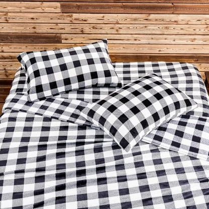 BEDELITE Plaid Flannel Sheet Set, Full Size, Black and White, 4 Pieces