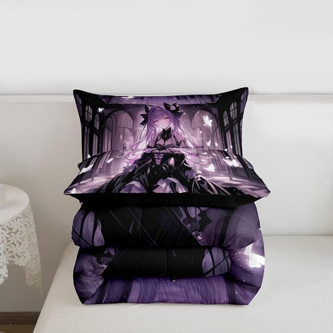 Erosebridal 3D Girly Kids Comforter Set | Japanese Girl Bedding Queen Size Anime Gifts Down Comforter Purple Dreamy Butterfly Print Duvet Set for Bedroom