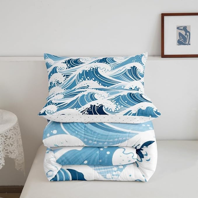 Erosebridal Sea Waves Comforter Set Toddler Size Ukiyo-E Bedding Set for Kids Men Women Geometric Japanese Style Navy Blue White Comforter Warm Soft Quilt Insert