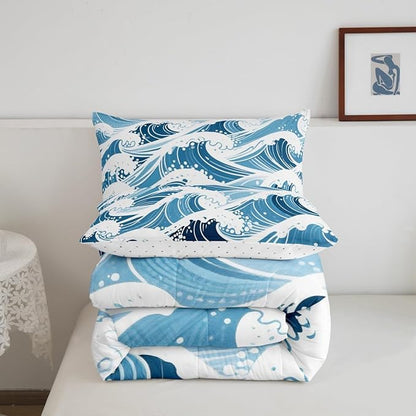 Erosebridal Sea Waves Comforter Set Toddler Size Ukiyo-E Bedding Set for Kids Men Women Geometric Japanese Style Navy Blue White Comforter Warm Soft Quilt Insert