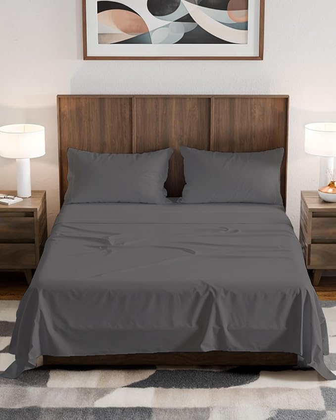 Olympic Queen Sheet Set 66x80 - 4 Piece RV Olympic Queen Size Sheets - Soft, Breathable & Cooling - Fits 14” to 16" Mattress w/ Deep Pockets - Comfy Luxury Bedding - Fade & Wrinkle Free - Dark Grey