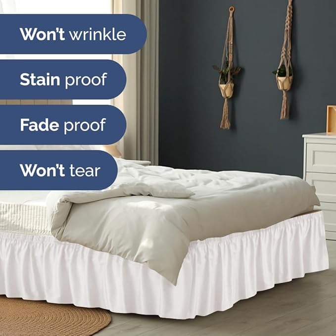Wrap Around Dust Ruffle Bed Skirt - Antique White - for Queen Size Beds w/ 15 Inch Drop - Easy Fit Elastic Strap - Adjustable Pleated Bedskirt w/Brushed Fabric, Wrinkle Free Women, Men, Kids & Teens
