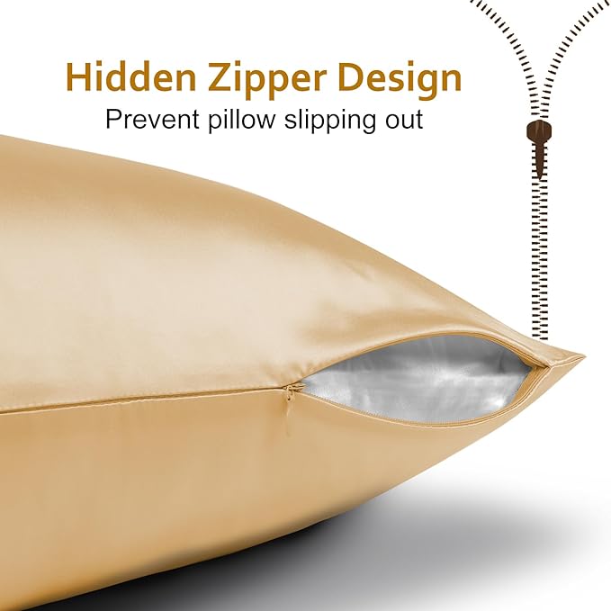 Ravmix Silk Pillow Cases with Zipper, 21momme Mulberry Silk Pillowcase for Hair Skin Health, Soft Smooth Breathable Cool Pillow Cover for Beauty Sleep with Gift Box 1PC(Queen 20"x30", Gold)