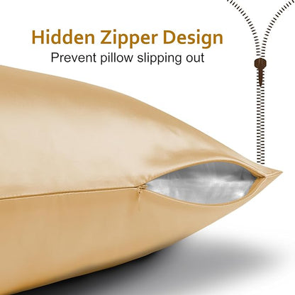 Ravmix Silk Pillow Cases with Zipper, 21momme Mulberry Silk Pillowcase for Hair Skin Health, Soft Smooth Breathable Cool Pillow Cover for Beauty Sleep with Gift Box 1PC(Queen 20"x30", Gold)