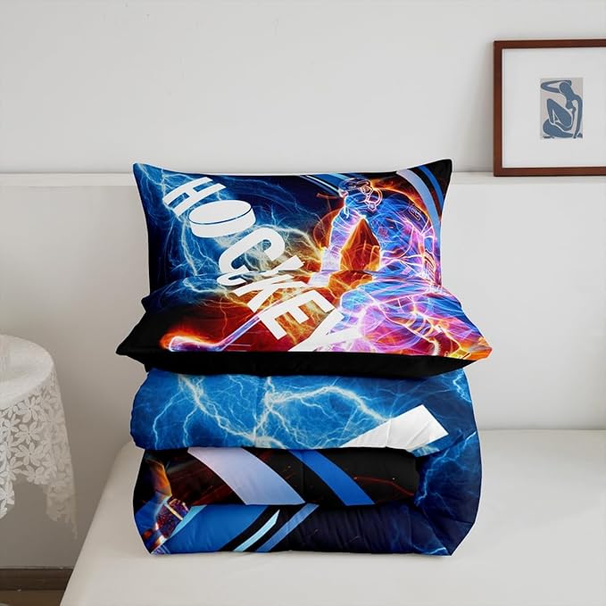 Ice Hockey Comforter Set King, Puck Hockey Player Bedding Sets for Kids Boys Girls Teens, Red Blue Lightening Duvet Insert, Winter Sports Game Down Comforter Bedroom Decor for All Season, 3 Pieces