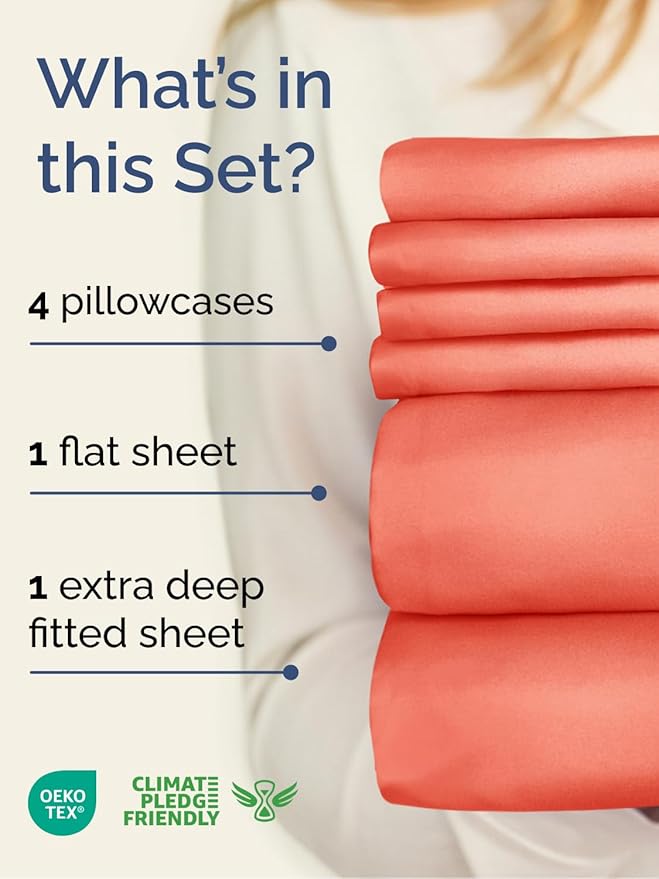 Extra Deep King Sheet Set - 6 Piece Breathable and Cooling Sheets - Hotel Luxury Bedding for Women, Men, Kids & Teens - Easy & Secure Fit - Soft, Wrinkle Free and Comfy - Extra Deep Pockets - Coral