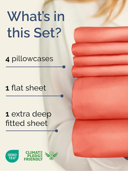 Extra Deep King Sheet Set - 6 Piece Breathable and Cooling Sheets - Hotel Luxury Bedding for Women, Men, Kids & Teens - Easy & Secure Fit - Soft, Wrinkle Free and Comfy - Extra Deep Pockets - Coral