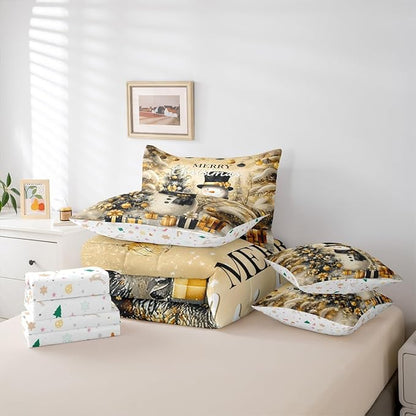 Castle Fairy Gold Christmas Tree 7 Pieces Comforter Sets King,Luxury New Year Gifts Bedding Set for Kids Girls,Winter Cartoon Snowman Snowflake Bed in a Bag with Comforter,Sheets and Pillow Cases