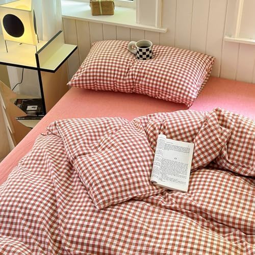 LifeTB Gingham Comforter Set King Modern Style Plaid Checkered Comforter Fluffy Soft Red Orange Grid Bedding Set Lightweight Gingham Bedding Comforter Farmhouse Checkered Comforter Set