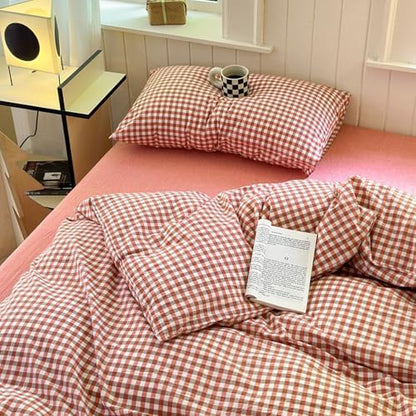 LifeTB Gingham Comforter Set King Modern Style Plaid Checkered Comforter Fluffy Soft Red Orange Grid Bedding Set Lightweight Gingham Bedding Comforter Farmhouse Checkered Comforter Set