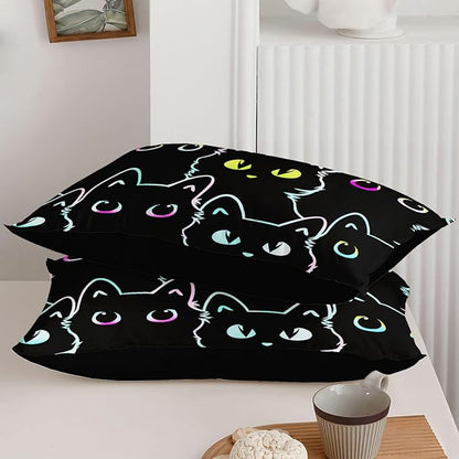 Axolotl Kids Bedding Cartoon Cat Comforter Set Queen Size,Gradient Line Cute Cat Bedding Set for Teens Kids Boys Girls Adults Room Decor,Kids Comforter Set All Season,1 Comforter 2 Pillow Cases,Black