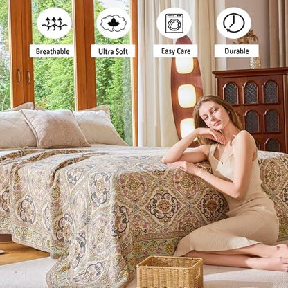 VANJOROY Boho Throw Blanket 80" x 90", 100% Organic Cotton Breathable Skin-Friendly Ultra Soft Bed Quilt Throw - Floral Rustic Decor Luxury Reversible Blanket for Sofa Couch Chair and Gift,
