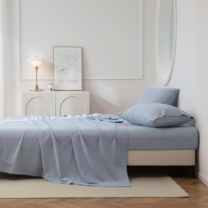 JIYUAN Queen Size Sheet Set, 4-Piece - 100% Washed Cotton, Linen-Like Soft & Breathable, Includes Deep Pocket Fitted & Flat Sheet with 2 Pillowcases, Hotel Quality, Heathered Light Blue