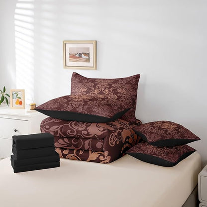 Erosebridal Gothic Damask Bed in a Bag King Size Comforter Set 7 Pieces,Exotic Moth Bedding Sets Brown Victorian Floral Goth Sheet Set with Comforter