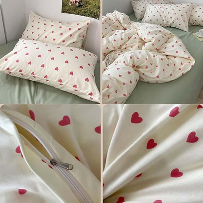 Nayoroom Heart Duvet Cover Full Size Kawaii Pink Heart Printed on Cream White Bedding Set 3Pcs Kids Girls Cute Heart-Shaped Pattern Comforter Cover with Zipper Closure Soft Breathable Microfiber